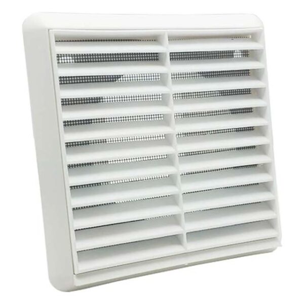 White Louvred Wall Vent Grille with Flyscreen – External Dimensions & 4-Inch Round Rear Spigot for Superior Ventilation