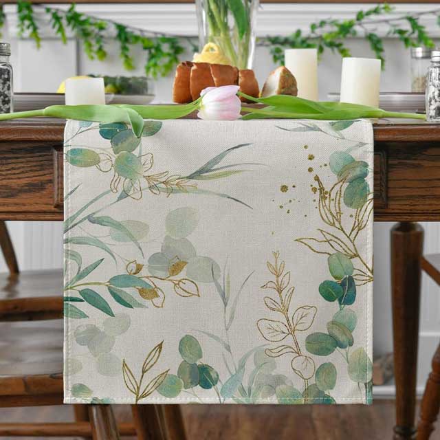 Xinlon Green Linen Table Runner 33x180cm – Modern Botanical Decor for Outdoor, Indoor, Wedding & Party Spaces