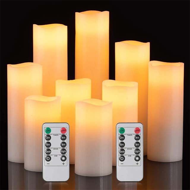 Flameless Ivory Wax Pillar Candles Set of 9 – LED Dancing Flames, 10-Key Remote Control, 24-Hour Timer & 400+ Hour Operation (Battery Powered by 2 AA)