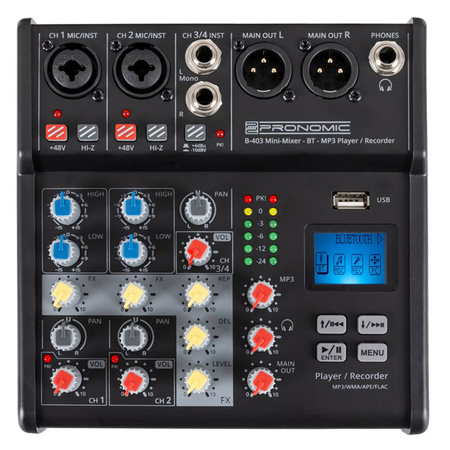 Pronomic B-403 Mini Mixer with Bluetooth® & USB Recording – Compact Audio Mixing Solution for DJs and Home Studios
