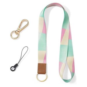 Vicloon Multicolor Neck Lanyard with Wristlet Strap & Leather Keychain – Stylish Print Design for ID Badges and Phones