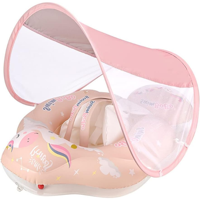 Gobesty Inflatable Baby Swim Float with Canopy – Safety Seat Pool Trainer for Infants and Toddlers (Pink, L)